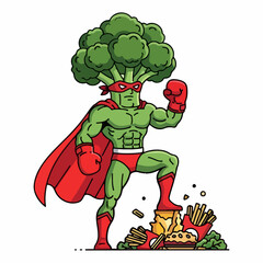 Cartoon Broccoli Superhero with Red Cape Standing Victorious