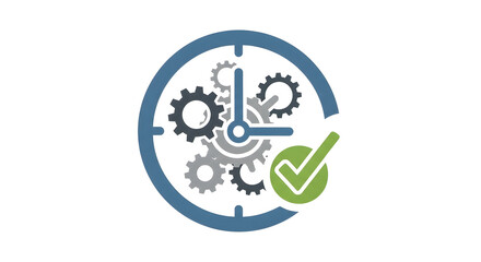 Streamline your workflow with efficient time management and task completion represented by gears and a checkmark within a clock face symbol for effective productivity