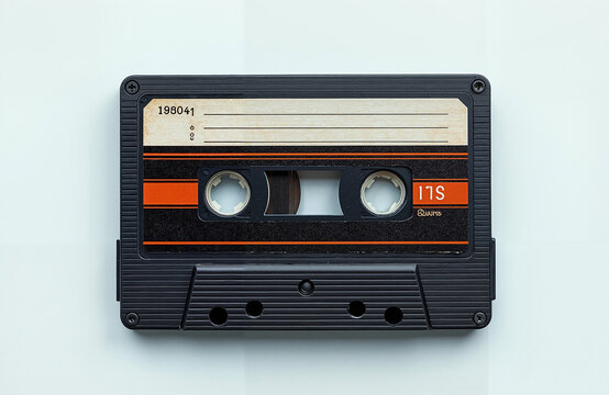 Vintage audio cassette tape with black and orange design on white background  
