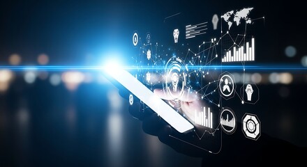 Hand holding a smartphone displaying a futuristic digital data interface