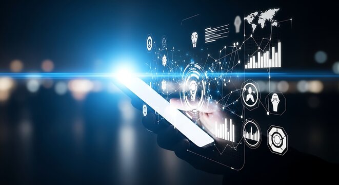 Hand holding a smartphone displaying a futuristic digital data interface