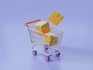 Online Shopping Concept with Shopping Cart and Parcels on Purple Background, E-Commerce, Delivery and Retail