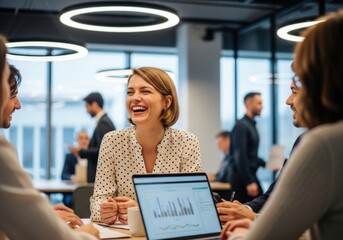 A diverse group of professionals in a modern office setting engaged in a lively discussion around a laptop displaying data