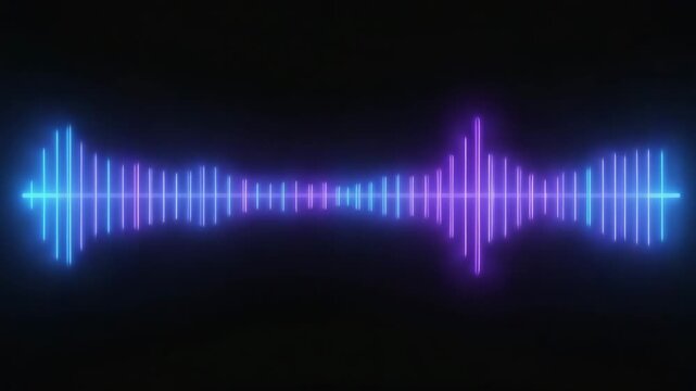 Dynamic audio spectrum visualizer pulsating with vibrant blue and purple neon light waves against a black background, perfect for music or technology themes