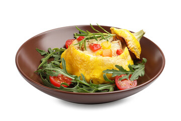 Tasty stuffed pattypan squash with tomatoes and arugula isolated on white