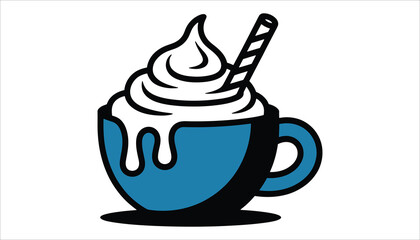 Coffee Cup with Whipped Cream and Straw – Hot Chocolate, Cappuccino, Latte Art Vector Illustration