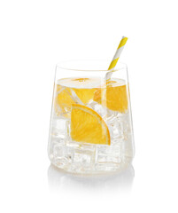 Sparkling water with orange slices in glass isolated on white