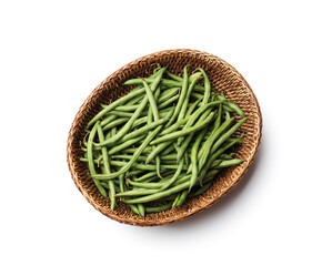 Obraz premium Fresh pea pods in wicker basket isolated on white, top view