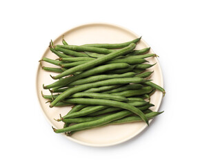 Fresh pea pods isolated on white, top view