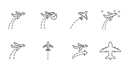 Airplane Taking Off Flight Stages Line Icons Set