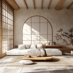 Japandi minimalist home interior design in a modern living room, blending Japanese and Scandinavian design principles, Generative AI