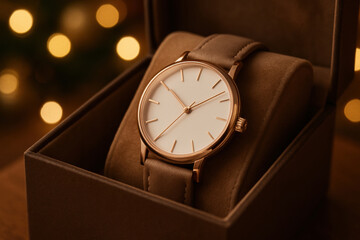 Naklejka premium Elegant minimalist gold wristwatch with brown leather band displayed in luxurious gift box against festive bokeh background