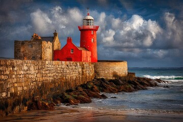 Red lighthouse, stone walls, dramatic sky, coastal scene