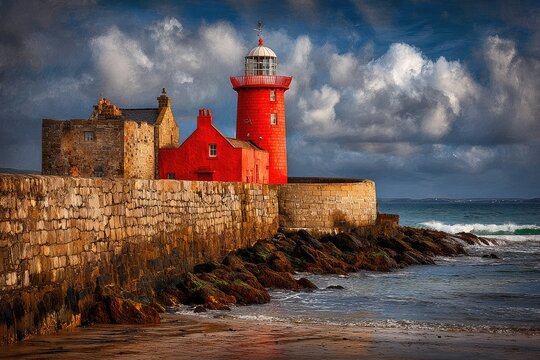 Red lighthouse, stone walls, dramatic sky, coastal scene - Powered by Adobe