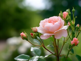 Obraz premium Pink Flower and Green Leaves in Vintage Garden