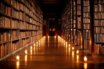 Long library aisle, lit by candles