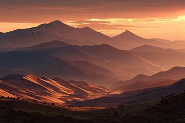 Mountain range at sunset, golden light