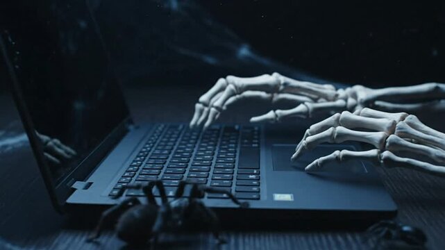 Skeleton hands type on a laptop with spiders in a dark spooky setting