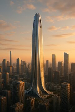 Futuristic Glass Skyscraper at Sunset