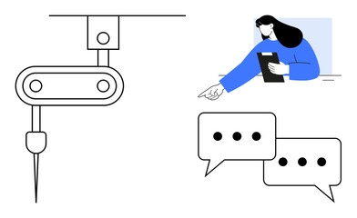 Robotic arm and professional reviewing data on a clipboard, pointing for instruction. Speech bubbles imply collaboration, teamwork, and innovation. Ideal for automation, teamwork, technology