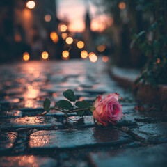 Pink rose resting on cobblestone street at sunset, capturing beauty and tranquility, nature's elegance, romantic atmosphere, floral art concept