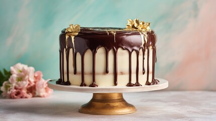 A handmade chocolate cake with a smooth ganache glaze and delicate gold leaf embellishments is elegantly presented on a soft, light background for a luxurious dessert.