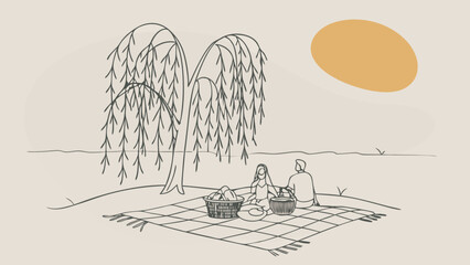 Naklejka premium A serene picnic scene with a man and woman enjoying a peaceful moment under a willow tree by the water.