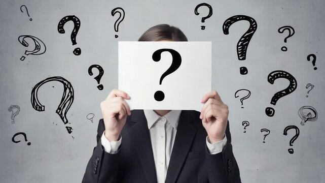 An individual holding a question mark sign in front of their face, surrounded by hand-drawn question marks.