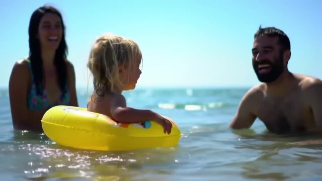 Child Swimming with Float Ring in Calm Beach Waters, Parents Watching from Shore