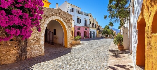 Obraz premium Charming Mediterranean Town with Cobblestone Streets, Vibrant Flowers, and Historic Architecture
