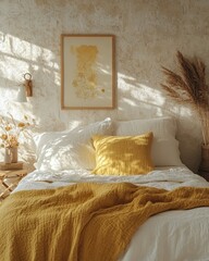 Wooden coffee table placed near a white sofa with grey and yellow pillows against a wall with shelves and a poster frame, capturing modern cottage home interior design living room, Generative AI