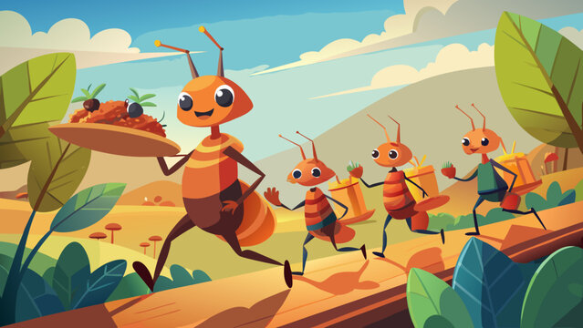 A cheerful cartoon ant carrying a platter of food, leading other ants through a colorful, vibrant landscape.