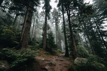 Obraz premium Misty forest path through tall trees (2)
