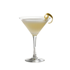 Elegant white cocktail garnished with lemon zest in a martini glass.