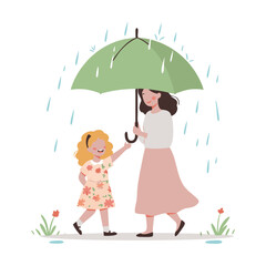 A loving mother shields her smiling daughter from the rain under a large green umbrella, a heartwarming illustration of family care.