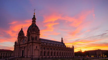 Fototapeta premium Sunset view of the basilica de nuestra senora de pilar in Zaragoza, Spain