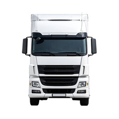 Frontal View of a Powerful Cargo Truck: A modern cargo truck stands imposing, its front profile captured from a direct angle.