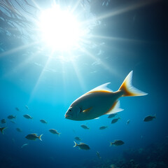 Obraz premium Sunlit ocean floor with fishes swimming