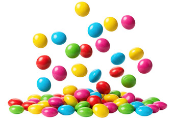 Colorful round candies falling and piled up isolated on transparent background