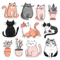 Set of cute vector cat sticker, lovely cat and friendly doodle in different poses . Adorable funny pet characters hand drawn collection for T-shirt,sticker, print, pet shop.