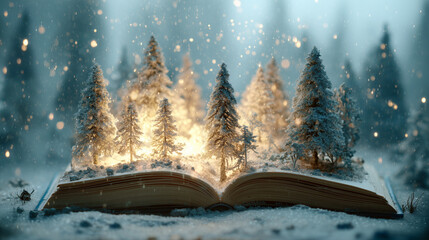 open vintage Christmas book with a snowy forest rising from its pages, pine trees, falling snow
