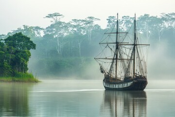 Fototapeta premium A historic sailing ship gliding through misty waters in a serene tropical landscape