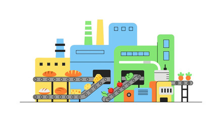 Obraz premium Stylized food manufacturing plant illustration with pastel colors and flat design