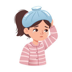 Upset young girl with a fever holding an ice pack on her forehead, feeling unwell and crying from pain or a headache
