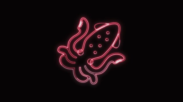 Squid Icon Neon Seamless Loop 4K with Black Background Animated Promotional Typography for Video Editing