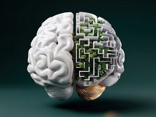 Split Brain Concept with Maze and Neurons on Dark Background.  3D illustration of a human brain divided into logical maze and organic parts, ideal for psychology, neurology, and AI-related content.