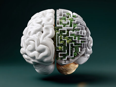 Split Brain Concept with Maze and Neurons on Dark Background.  3D illustration of a human brain divided into logical maze and organic parts, ideal for psychology, neurology, and AI-related content.