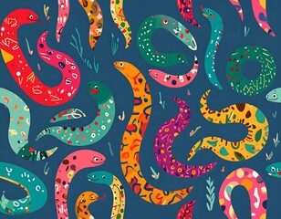 Obraz premium Colorful patterned snakes on dark background