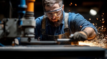 Expert Metalworker Grinds Steel in Workshop, Sparks Fly, Showcasing Skilled Craftsmanship and Safety