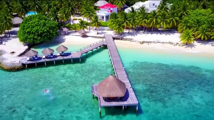 Aerial view of a tropical island resort with a wooden pier extending into a turquoise lagoon